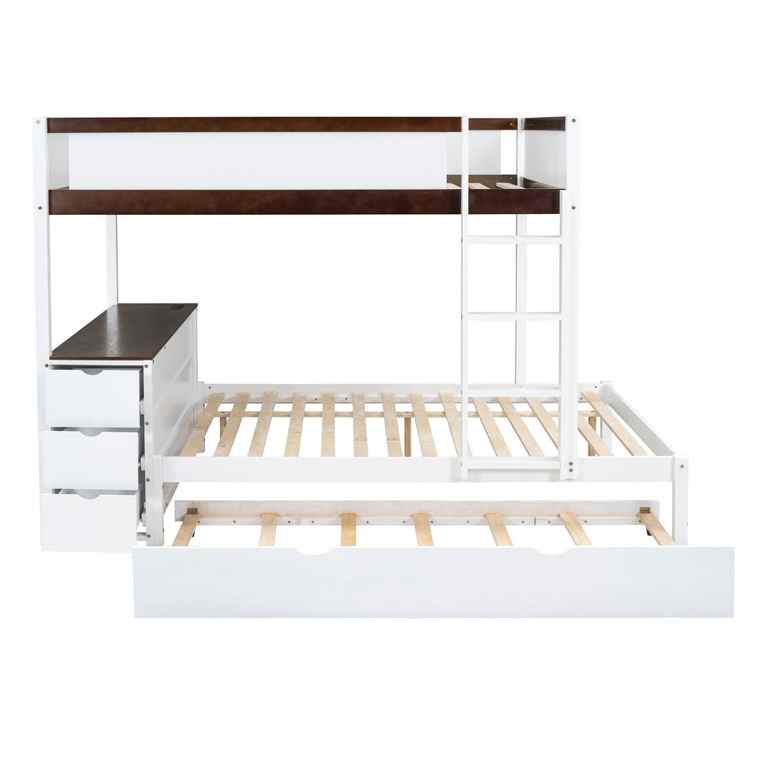Full Over Full Wood Bunk Bed with Twin Trundle, Storage, Desk in White Walnut | Just Better Bunk Beds - View 12