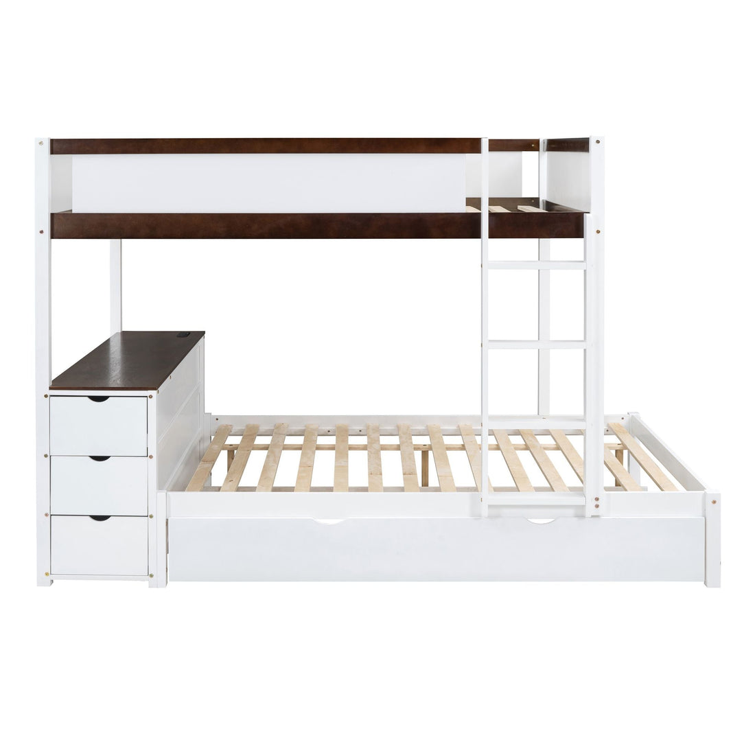 Full Over Full Wood Bunk Bed with Twin Trundle, Storage, Desk in White Walnut | Just Better Bunk Beds - View 10