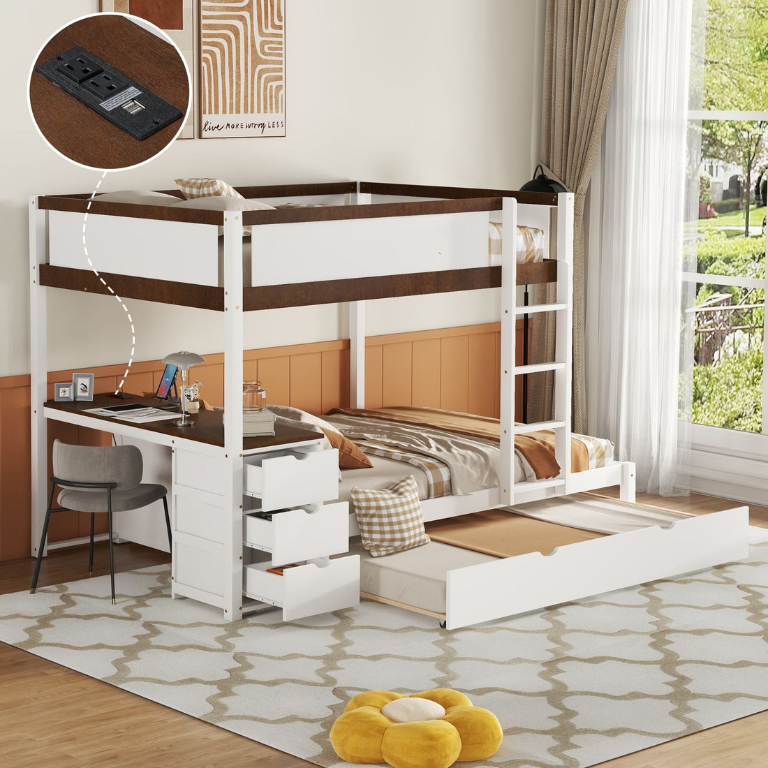 Full Over Full Wood Bunk Bed with Twin Trundle, Storage, Desk in White Walnut | Just Better Bunk Beds - Detail View