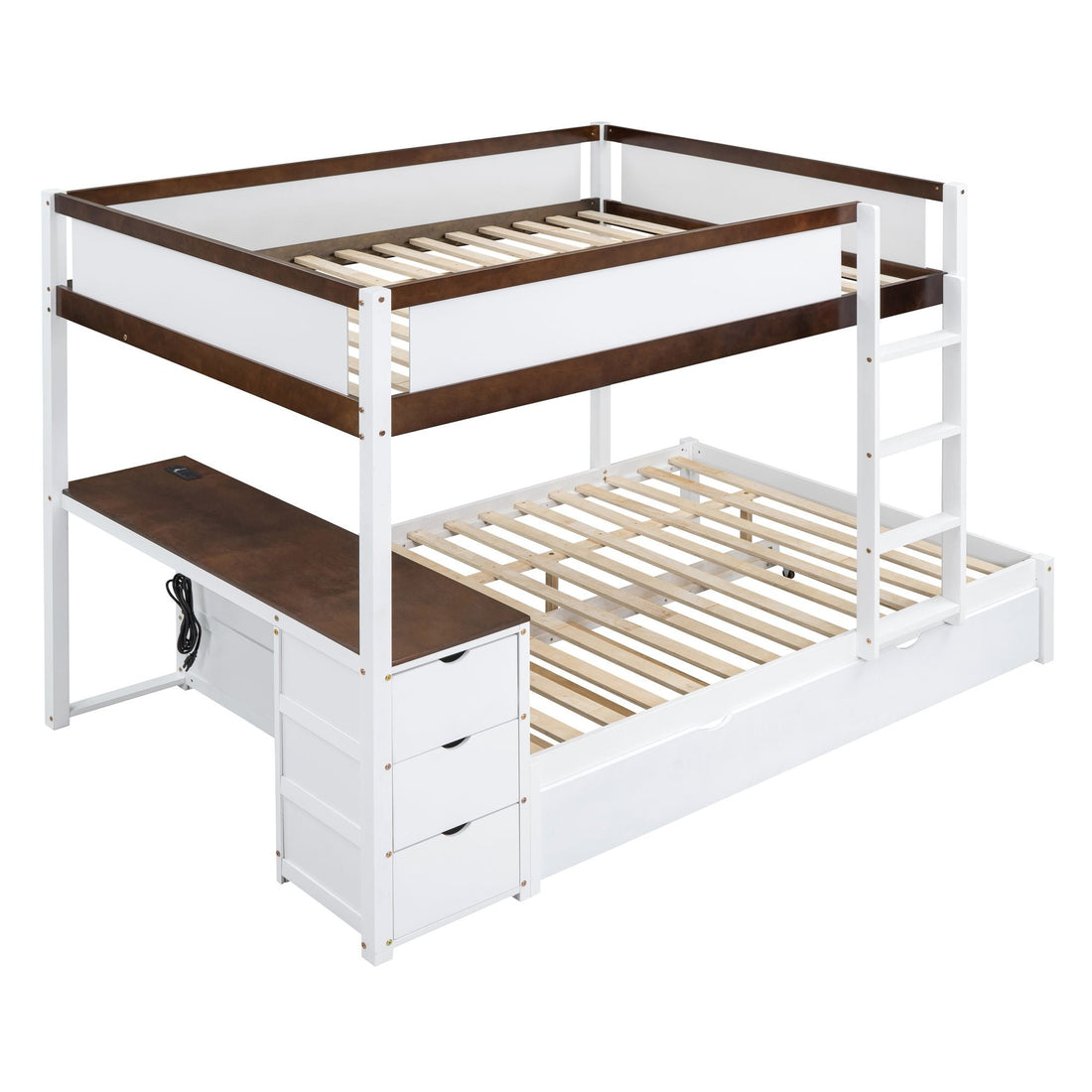 Full Over Full Wood Bunk Bed with Twin Trundle, Storage, Desk in White Walnut | Just Better Bunk Beds - Assembly View