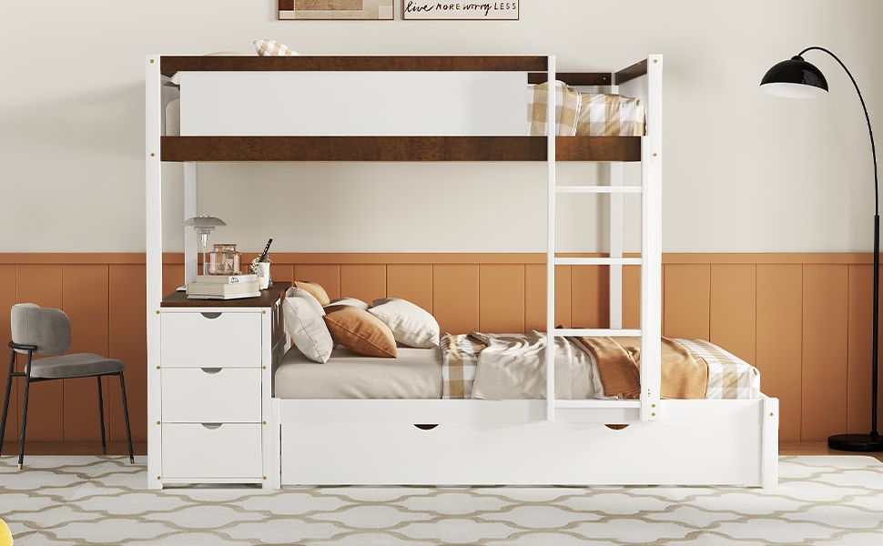 Full Over Full Wood Bunk Bed with Twin Trundle, Storage, Desk in White Walnut | Just Better Bunk Beds - View 20