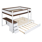 Full Over Full Wood Bunk Bed with Twin Trundle, Storage, Desk in White Walnut | Just Better Bunk Beds - View 7