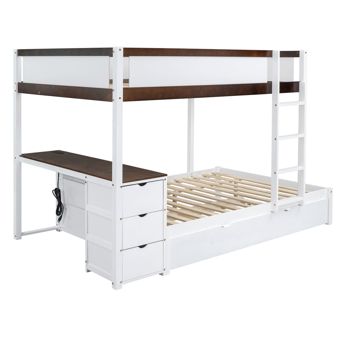 Full Over Full Wood Bunk Bed with Twin Trundle, Storage, Desk in White Walnut | Just Better Bunk Beds - View 5