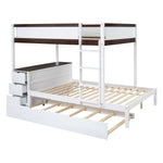 Full Over Full Wood Bunk Bed with Twin Trundle, Storage, Desk in White Walnut | Just Better Bunk Beds - View 9