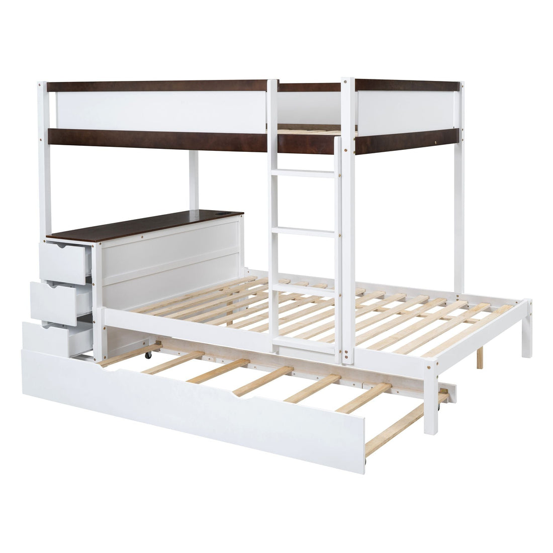 Full Over Full Wood Bunk Bed with Twin Trundle, Storage, Desk in White Walnut | Just Better Bunk Beds - View 9