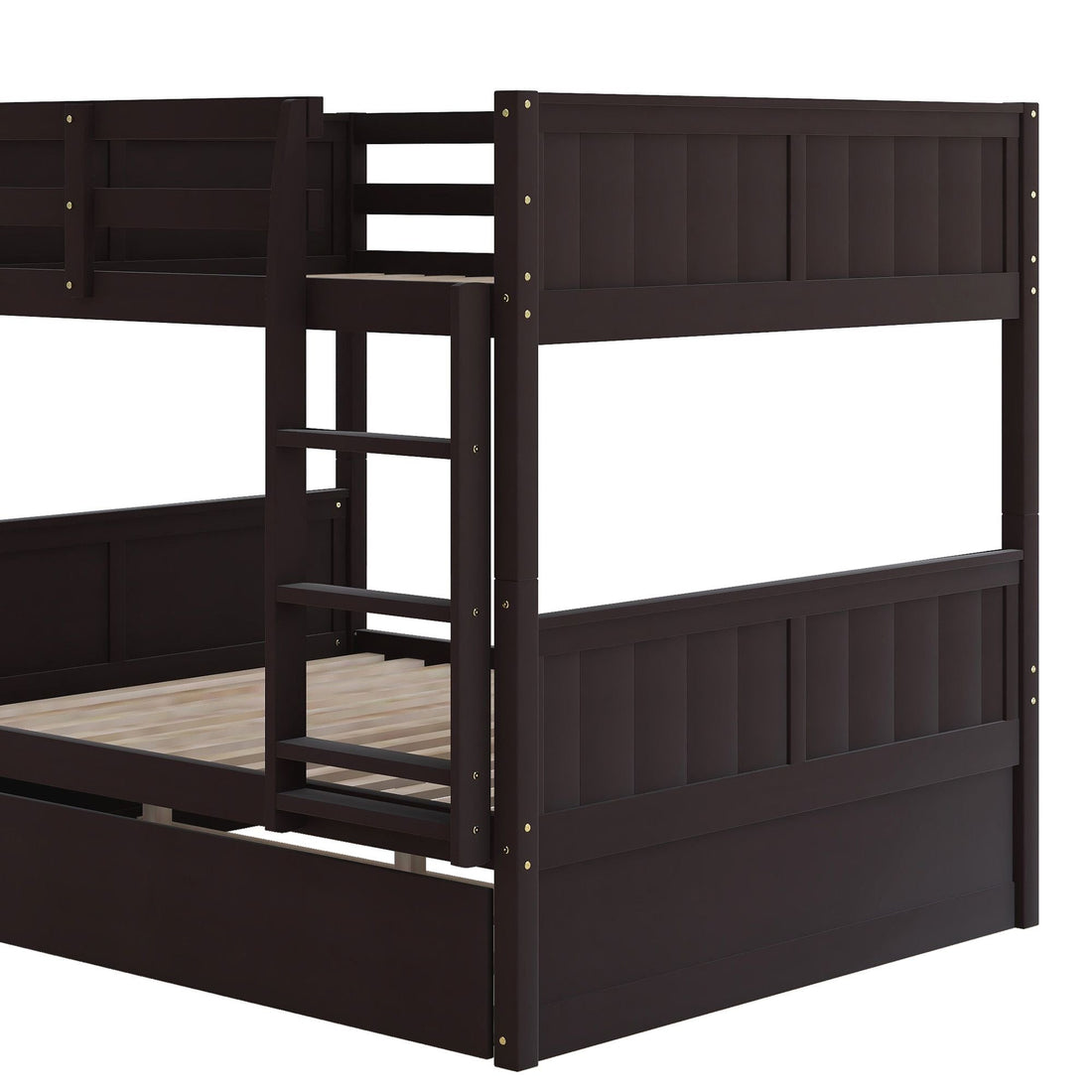 Full Over Full Wood Bunk Bed with Twin Trundle Storage, Espresso Finish | Just Better Bunk Beds - Detail View