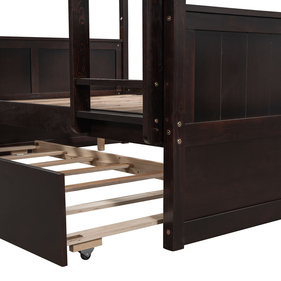 Full Over Full Wood Bunk Bed with Twin Trundle Storage, Espresso Finish | Just Better Bunk Beds - View 8