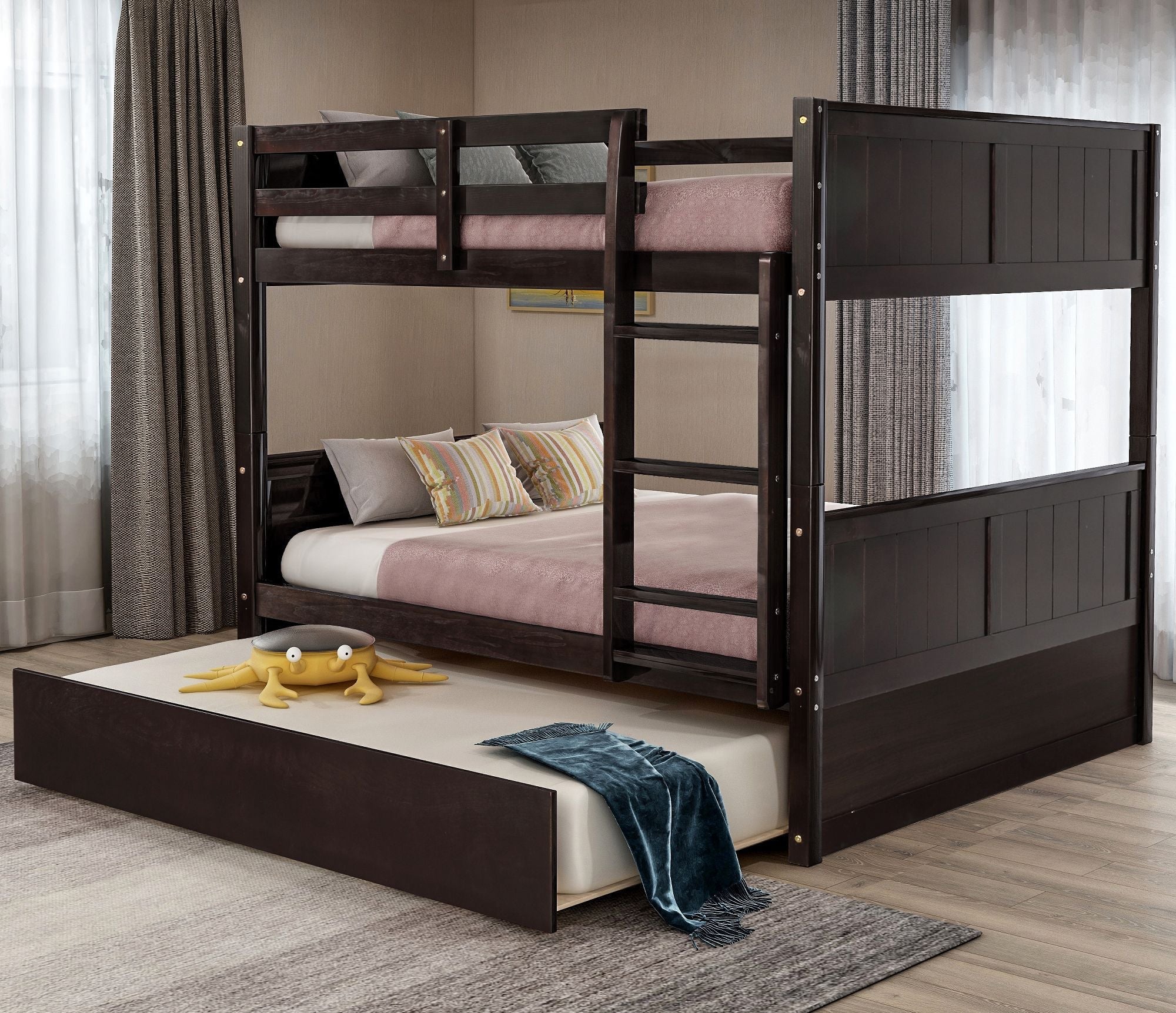 Full Over Full Wood Bunk Bed with Twin Trundle Storage, Espresso Finish | Just Better Bunk Beds - Front View