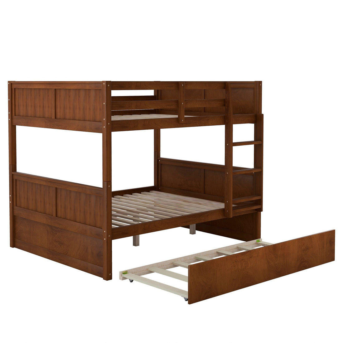 Full Over Full Wood Bunk Bed with Twin Trundle Walnut Storage Space-Saving Design | Just Better Bunk Beds - Detail View