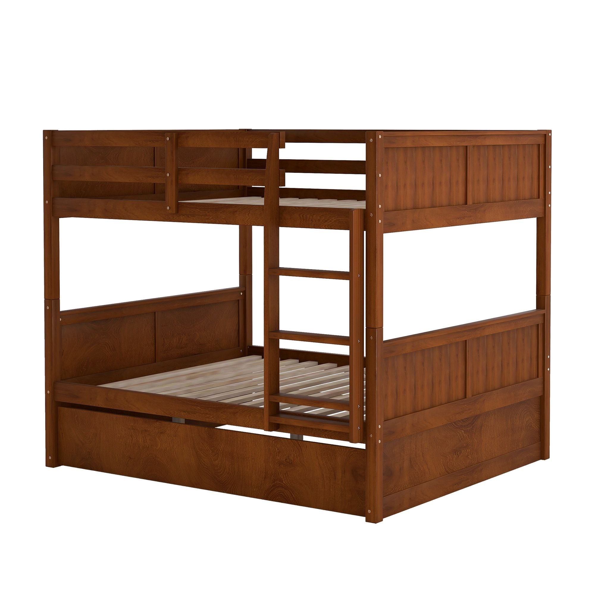 Full Over Full Wood Bunk Bed with Twin Trundle Walnut Storage Space-Saving Design | Just Better Bunk Beds - Side View