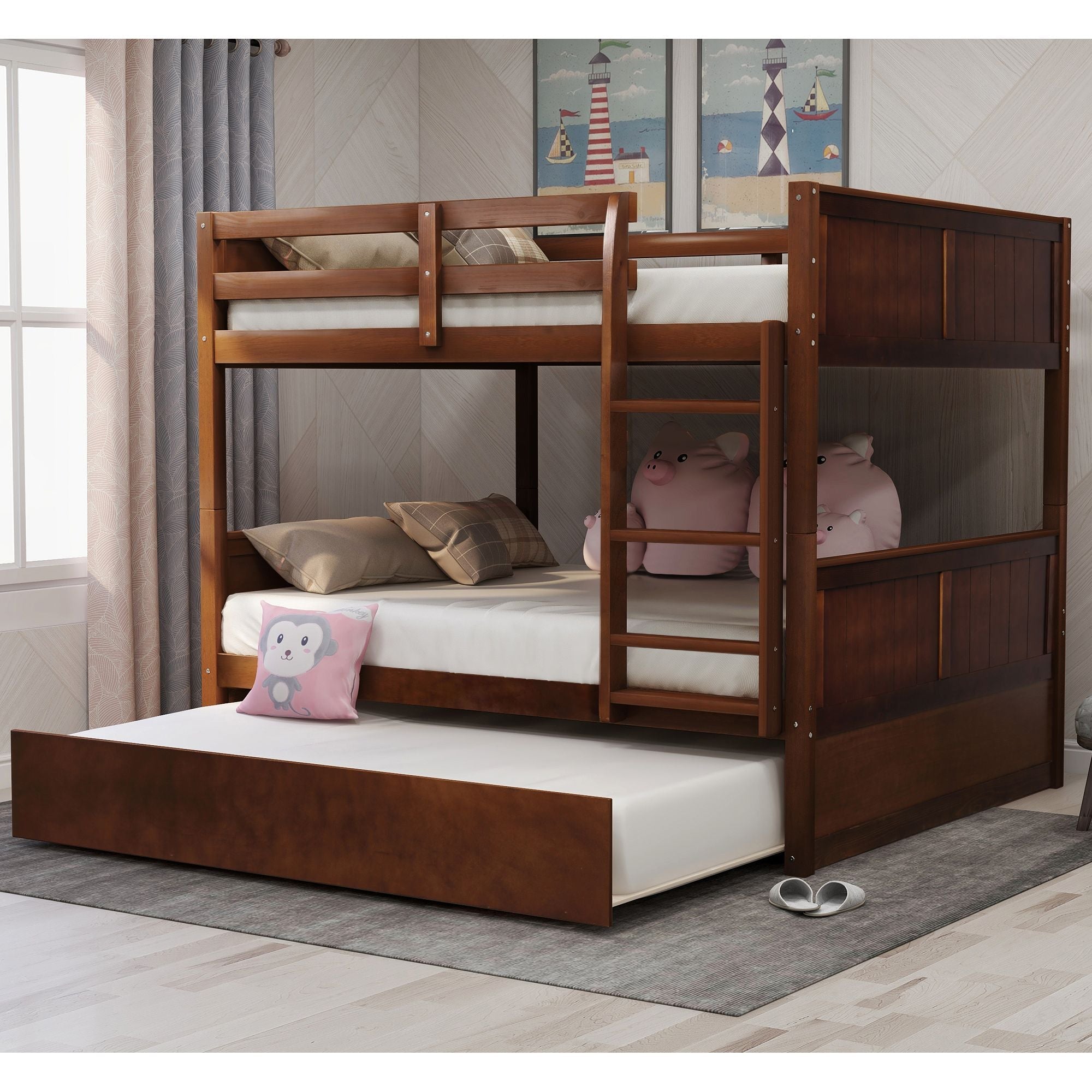 Full Over Full Wood Bunk Bed with Twin Trundle Walnut Storage Space-Saving Design | Just Better Bunk Beds - Front View