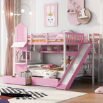 Full Over Full Wood Castle Bunk Bed with Slide, Drawers, and Shelves in Pink | Just Better Bunk Beds - Front View