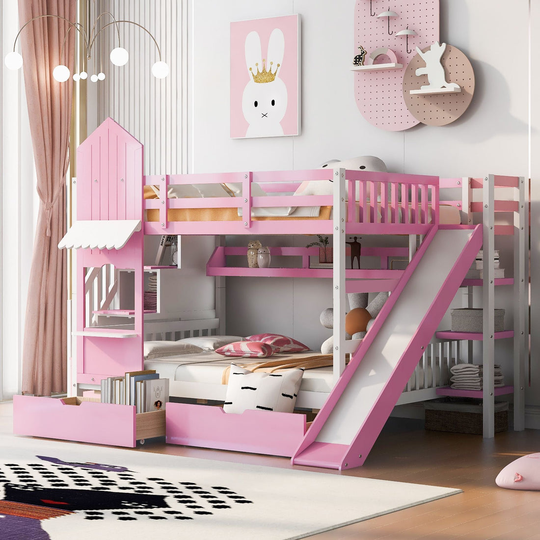 Full Over Full Wood Castle Bunk Bed with Slide, Drawers, and Shelves in Pink | Just Better Bunk Beds - Front View