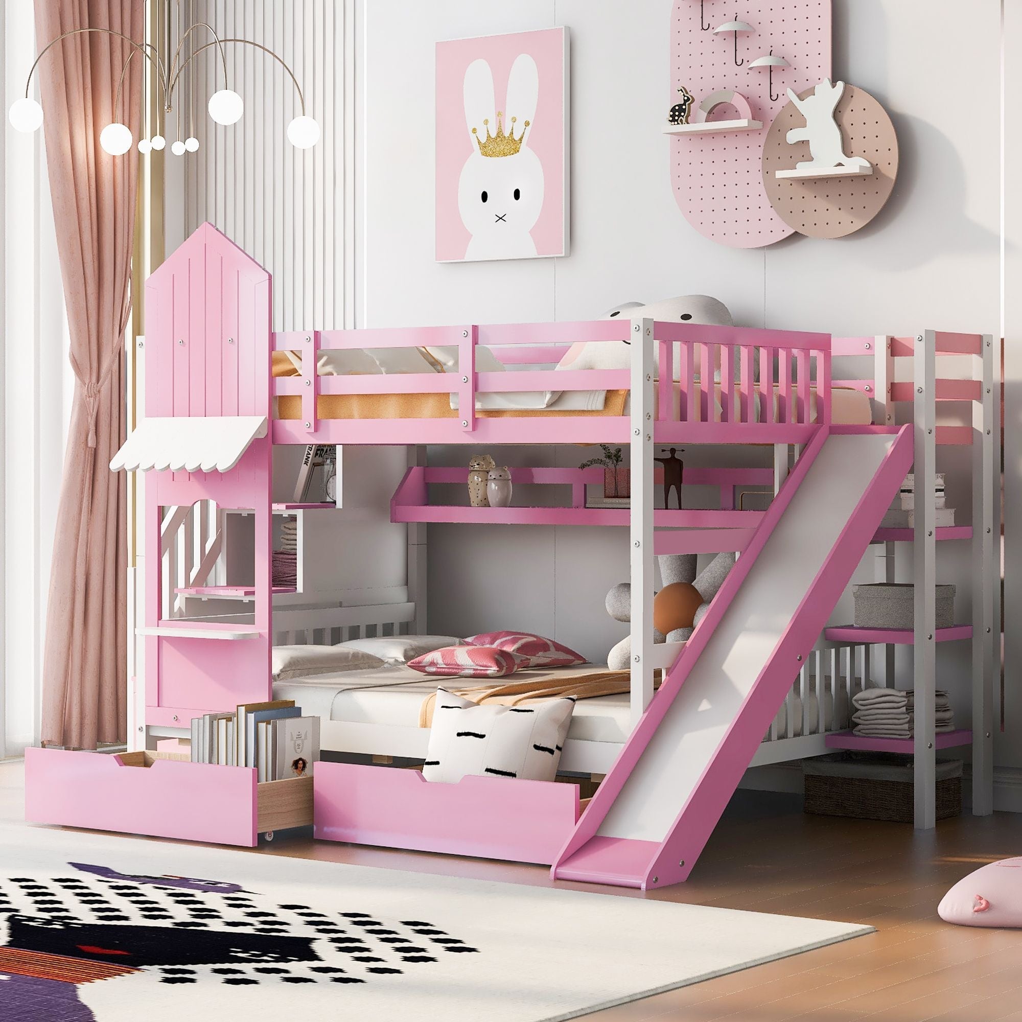 Full Over Full Wood Castle Bunk Bed with Slide, Drawers, and Shelves in Pink | Just Better Bunk Beds - Front View
