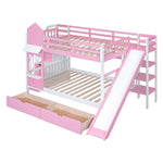 Full Over Full Wood Castle Bunk Bed with Slide, Drawers, and Shelves in Pink | Just Better Bunk Beds - View 12