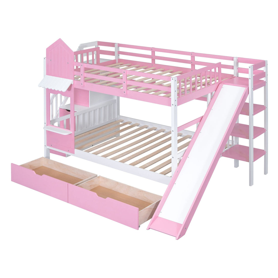 Full Over Full Wood Castle Bunk Bed with Slide, Drawers, and Shelves in Pink | Just Better Bunk Beds - View 12