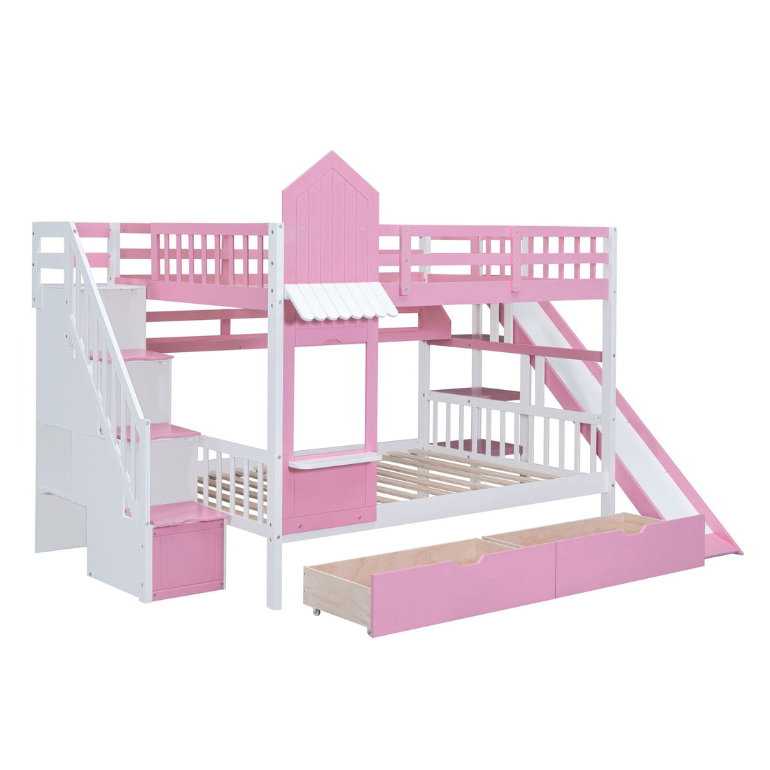 Full Over Full Wood Castle Bunk Bed with Slide, Drawers, and Shelves in Pink | Just Better Bunk Beds - View 15