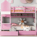 Full Over Full Wood Castle Bunk Bed with Slide, Drawers, and Shelves in Pink | Just Better Bunk Beds - View 5