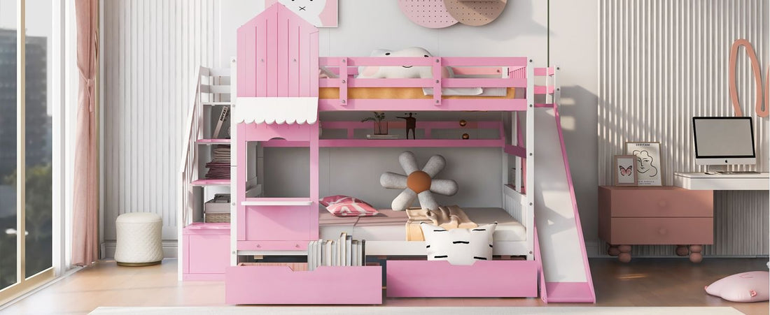 Full Over Full Wood Castle Bunk Bed with Slide, Drawers, and Shelves in Pink | Just Better Bunk Beds - View 5