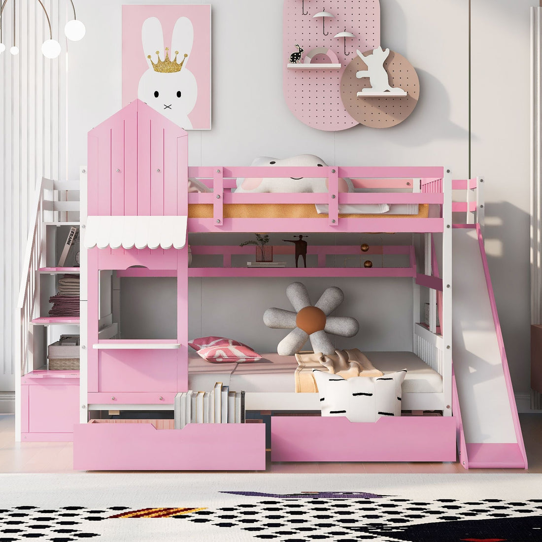 Full Over Full Wood Castle Bunk Bed with Slide, Drawers, and Shelves in Pink | Just Better Bunk Beds - Side View