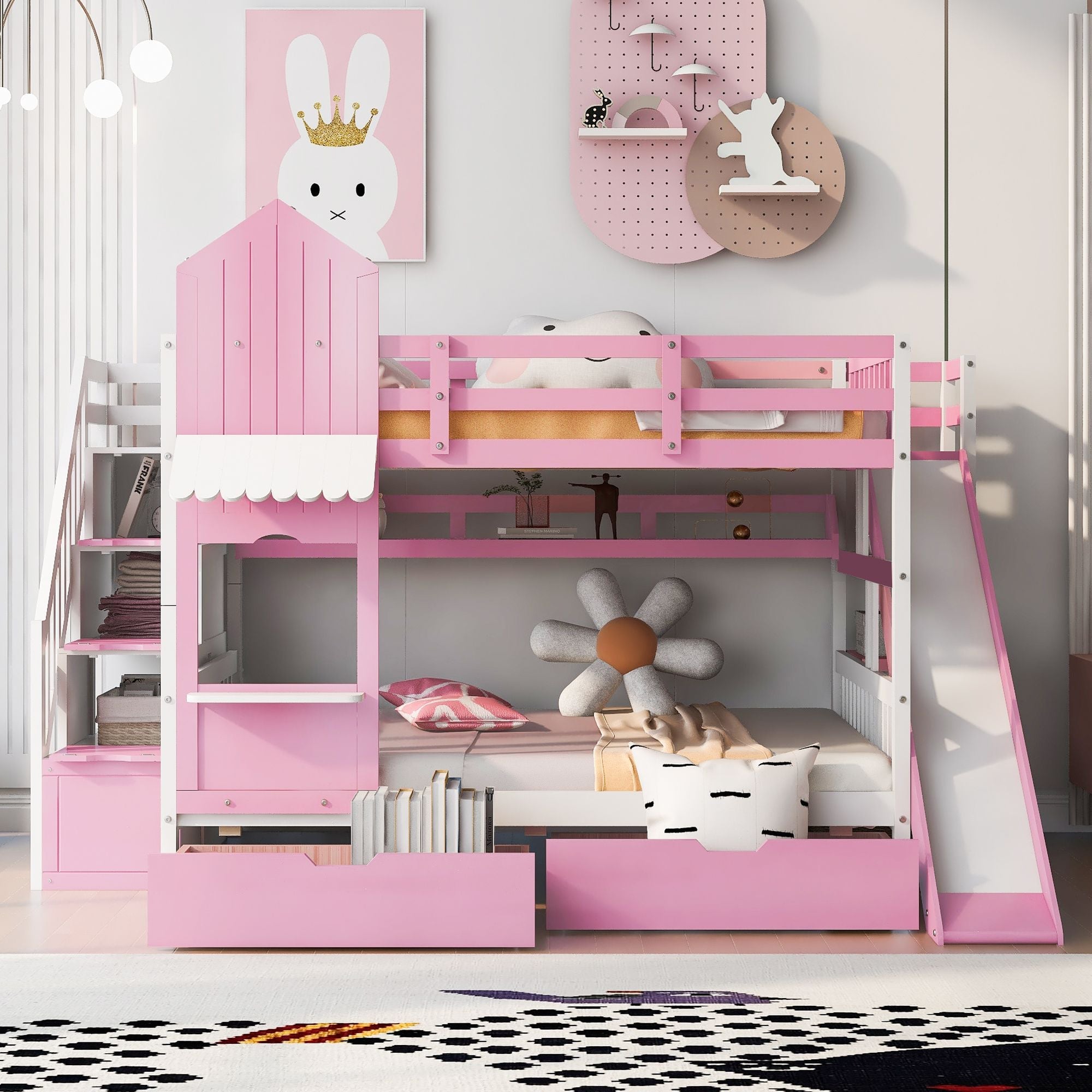 Full Over Full Wood Castle Bunk Bed with Slide, Drawers, and Shelves in Pink | Just Better Bunk Beds - Side View