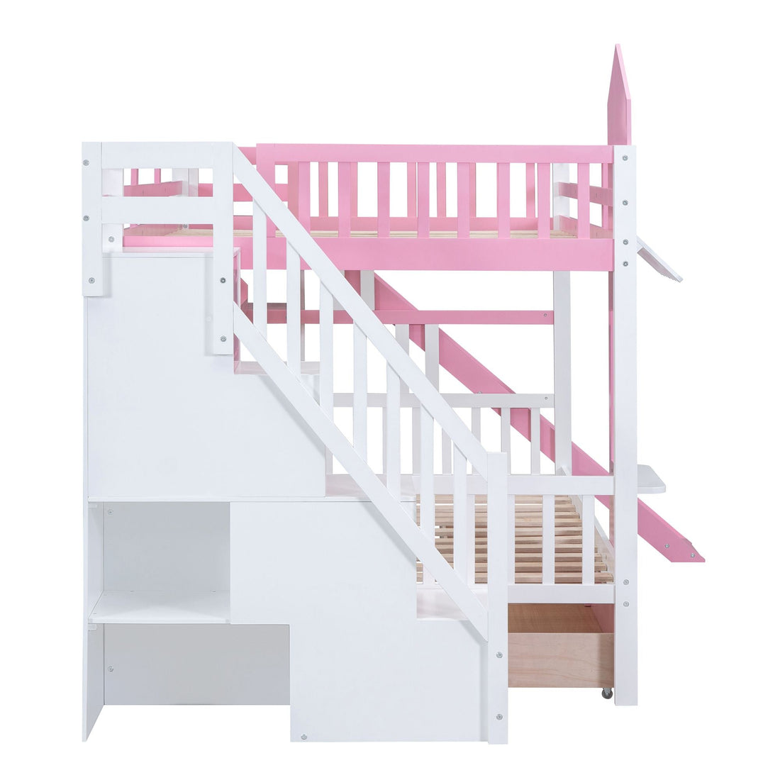 Full Over Full Wood Castle Bunk Bed with Slide, Drawers, and Shelves in Pink | Just Better Bunk Beds - View 16