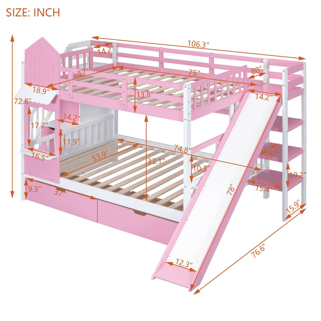 Full Over Full Wood Castle Bunk Bed with Slide, Drawers, and Shelves in Pink | Just Better Bunk Beds - View 7