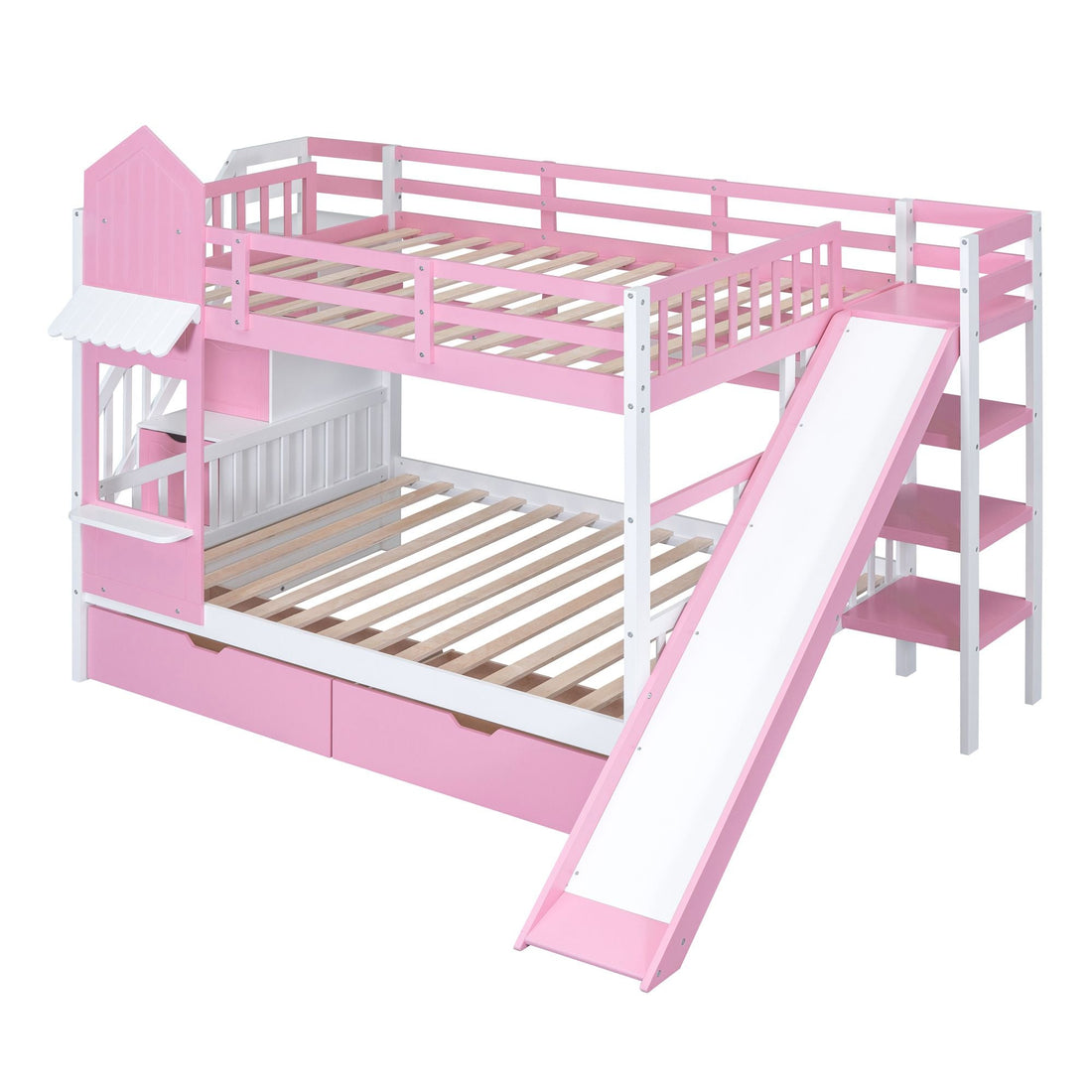 Full Over Full Wood Castle Bunk Bed with Slide, Drawers, and Shelves in Pink | Just Better Bunk Beds - View 11