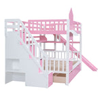 Full Over Full Wood Castle Bunk Bed with Slide, Drawers, and Shelves in Pink | Just Better Bunk Beds - View 19