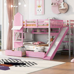 Full Over Full Wood Castle Bunk Bed with Slide, Drawers, and Shelves in Pink | Just Better Bunk Beds - Detail View
