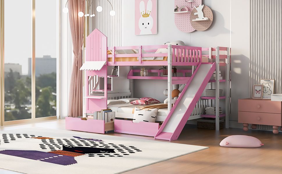 Full Over Full Wood Castle Bunk Bed with Slide, Drawers, and Shelves in Pink | Just Better Bunk Beds - Detail View