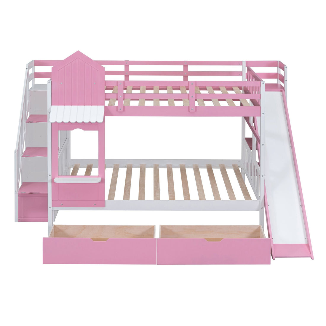 Full Over Full Wood Castle Bunk Bed with Slide, Drawers, and Shelves in Pink | Just Better Bunk Beds - View 13