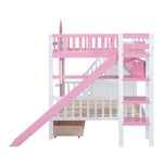 Full Over Full Wood Castle Bunk Bed with Slide, Drawers, and Shelves in Pink | Just Better Bunk Beds - View 20