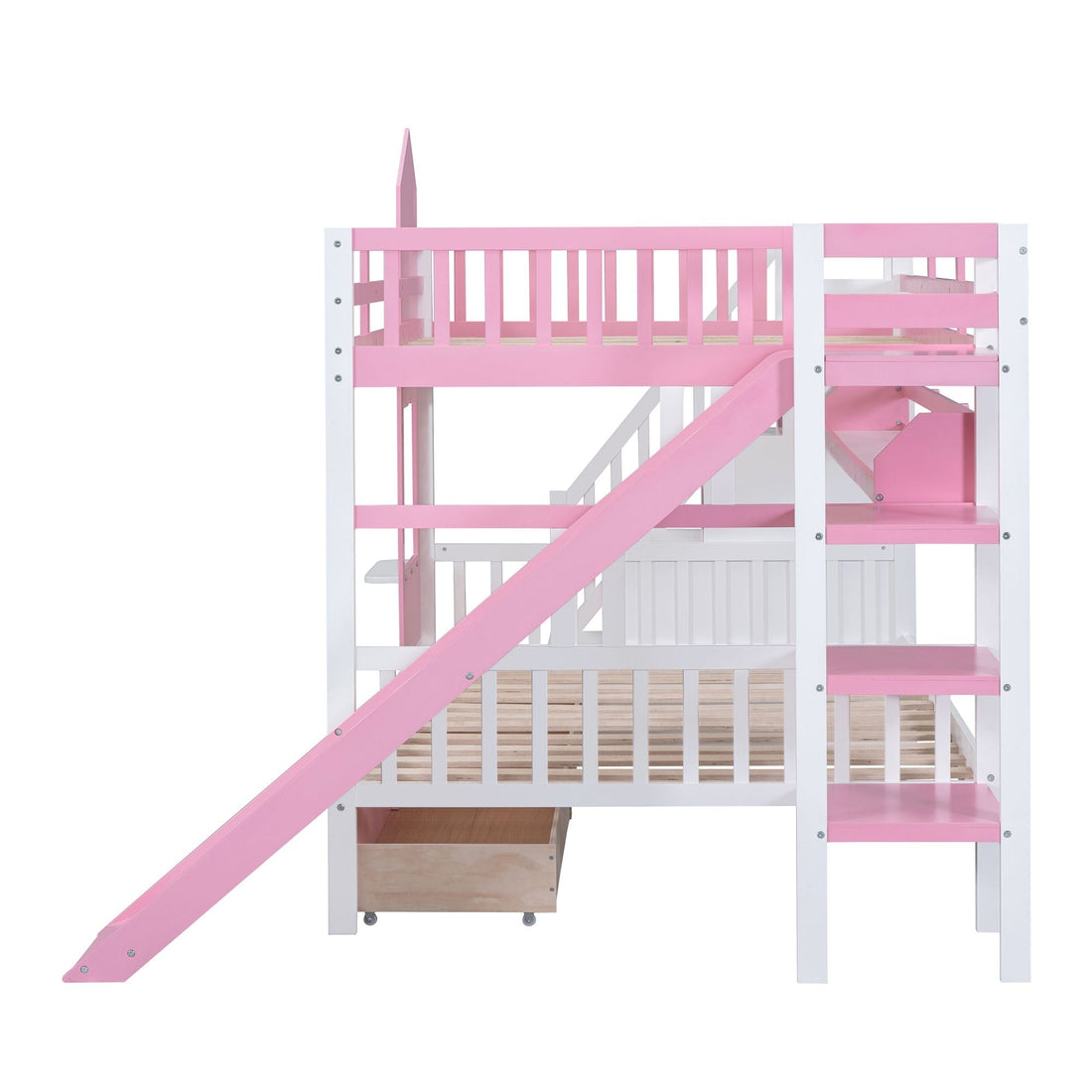 Full Over Full Wood Castle Bunk Bed with Slide, Drawers, and Shelves in Pink | Just Better Bunk Beds - View 20