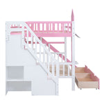 Full Over Full Wood Castle Bunk Bed with Slide, Drawers, and Shelves in Pink | Just Better Bunk Beds - View 17