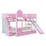 Full Over Full Wood Castle Bunk Bed with Slide, Drawers, and Shelves in Pink | Just Better Bunk Beds - View 14