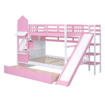 Full Over Full Wood Castle Bunk Bed with Slide, Drawers, and Shelves in Pink | Just Better Bunk Beds - View 9