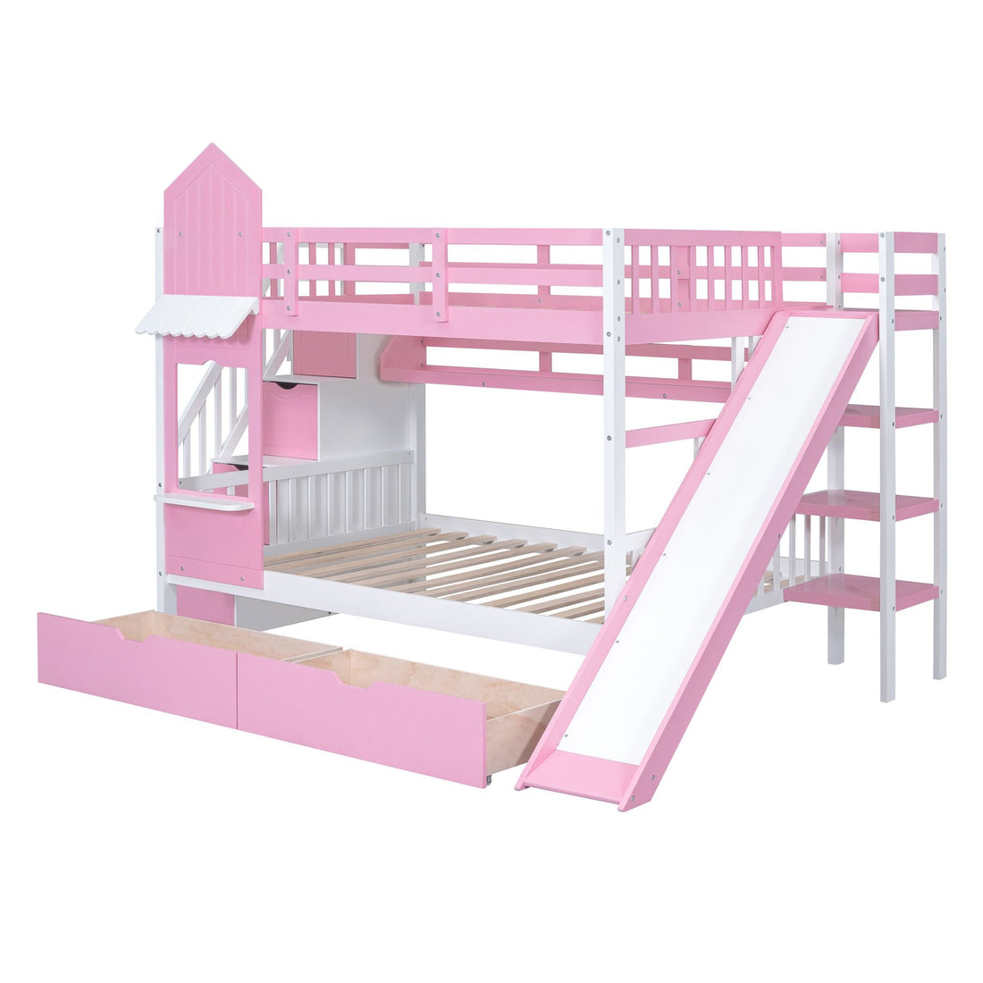 Full Over Full Wood Castle Bunk Bed with Slide, Drawers, and Shelves in Pink | Just Better Bunk Beds - View 9