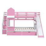 Full Over Full Wood Castle Bunk Bed with Slide, Drawers, and Shelves in Pink | Just Better Bunk Beds - View 8