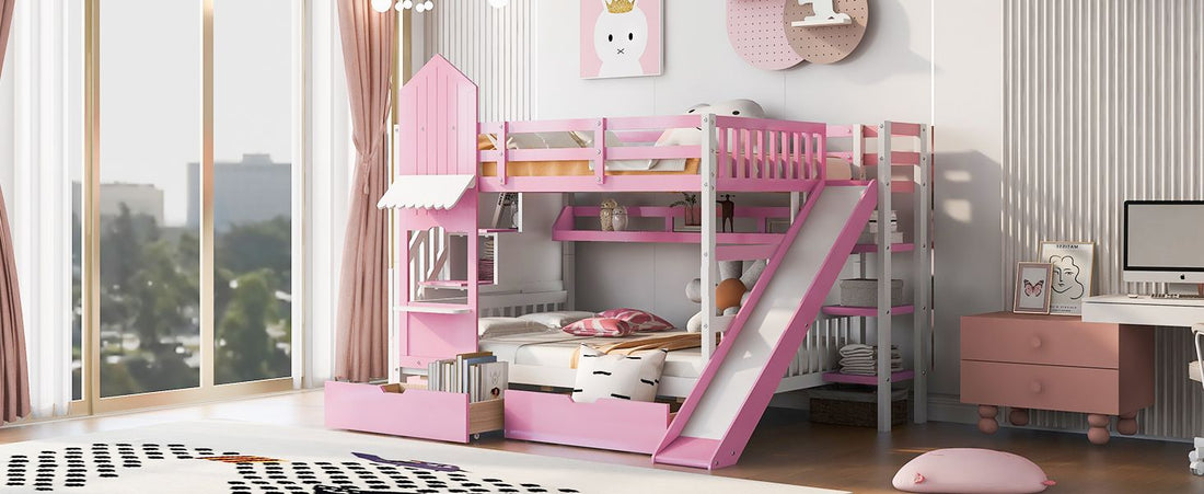 Full Over Full Wood Castle Bunk Bed with Slide, Drawers, and Shelves in Pink | Just Better Bunk Beds - View 6