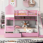 Full Over Full Wood Castle Bunk Bed with Slide, Drawers, and Shelves in Pink | Just Better Bunk Beds - Assembly View