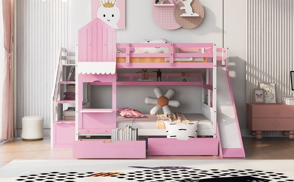 Full Over Full Wood Castle Bunk Bed with Slide, Drawers, and Shelves in Pink | Just Better Bunk Beds - Assembly View