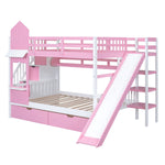 Full Over Full Wood Castle Bunk Bed with Slide, Drawers, and Shelves in Pink | Just Better Bunk Beds - View 10