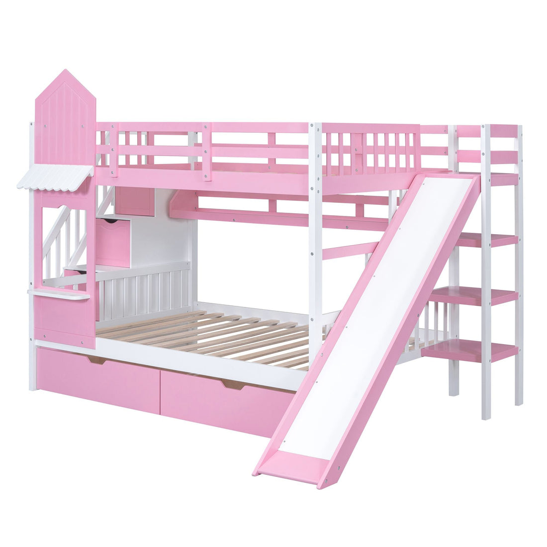 Full Over Full Wood Castle Bunk Bed with Slide, Drawers, and Shelves in Pink | Just Better Bunk Beds - View 10