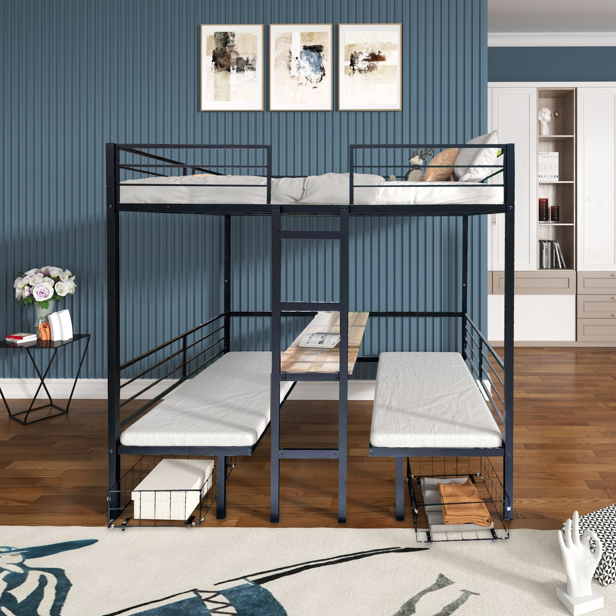 Full Size Convertible Wood Loft Bed with Table Set and Full Over Full Bunk Bed Capability, Black | Just Better Bunk Beds - Front View