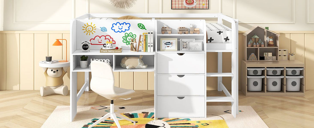Full Size Low Loft Wood Bed with Built-in Desk, Storage Cabinets, Bookcase, White | Just Better Bunk Beds - View 8
