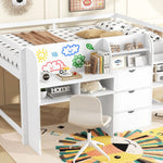 Full Size Low Loft Wood Bed with Built-in Desk, Storage Cabinets, Bookcase, White | Just Better Bunk Beds - View 5