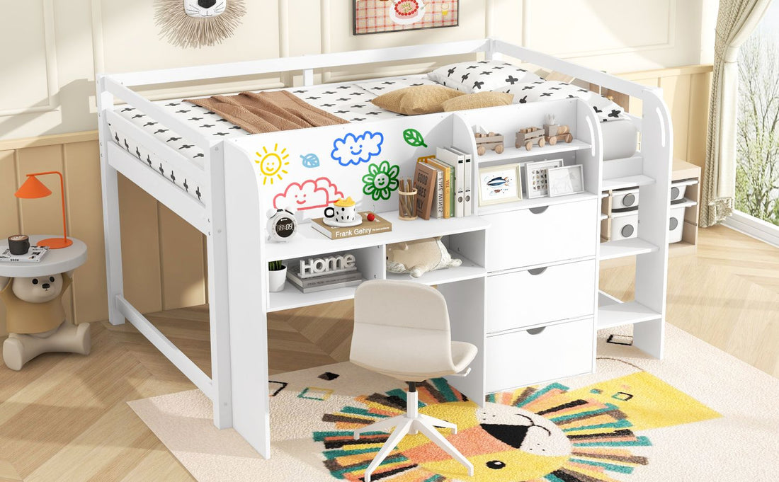 Full Size Low Loft Wood Bed with Built-in Desk, Storage Cabinets, Bookcase, White | Just Better Bunk Beds - View 5