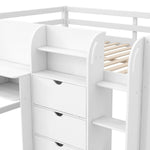 Full Size Low Loft Wood Bed with Built-in Desk, Storage Cabinets, Bookcase, White | Just Better Bunk Beds - View 13