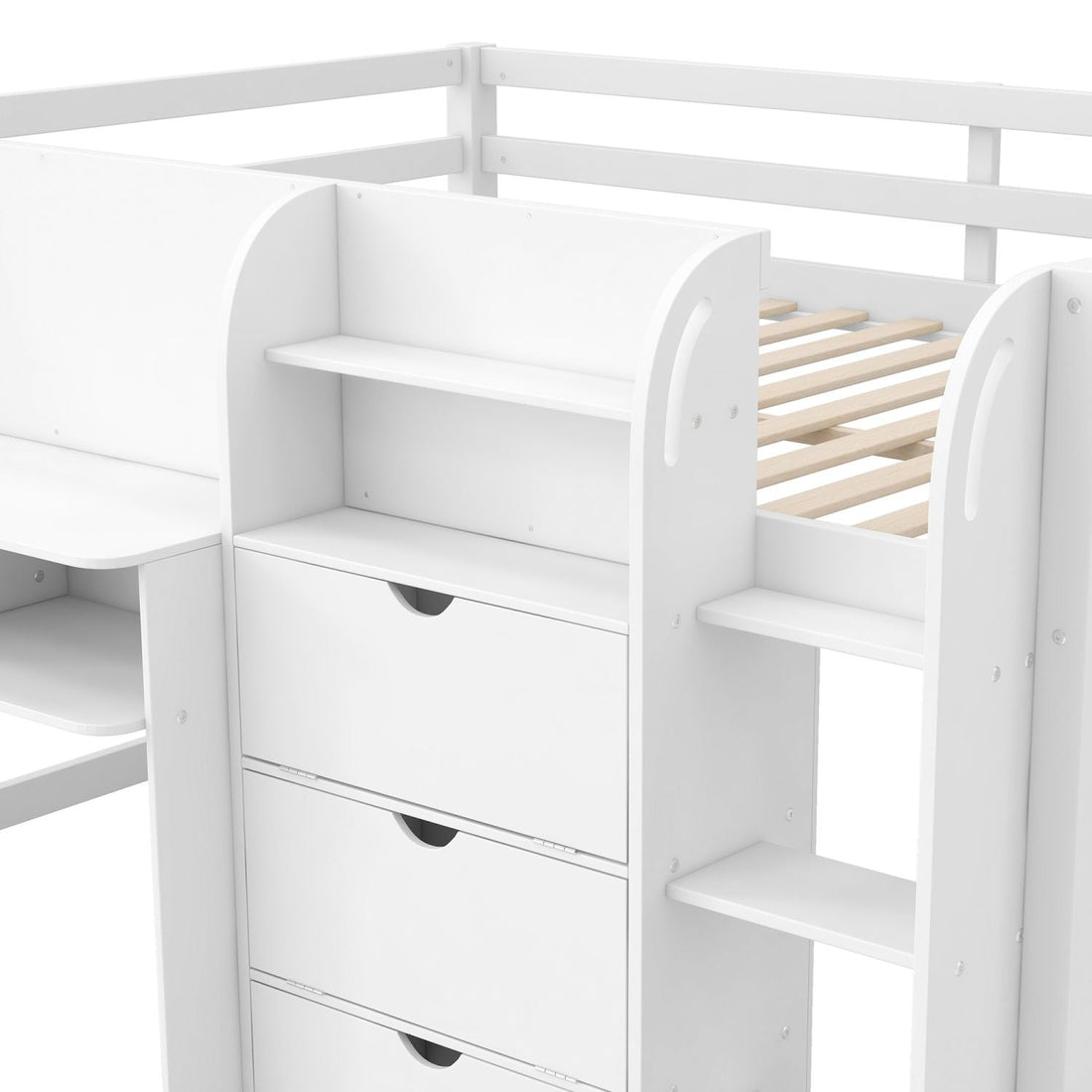 Full Size Low Loft Wood Bed with Built-in Desk, Storage Cabinets, Bookcase, White | Just Better Bunk Beds - View 13